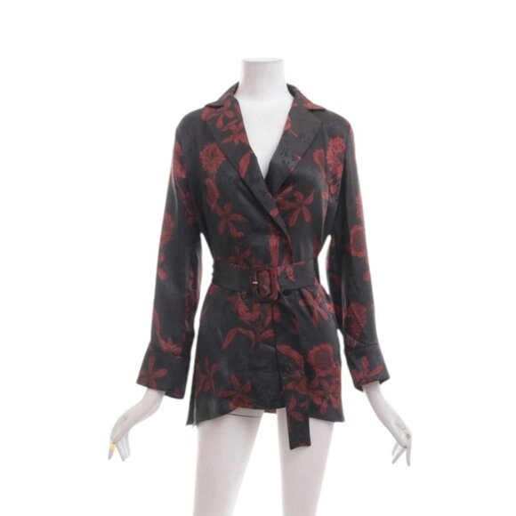 Zara medium silky printed blouse with belt burgundy black witchy corporate goth - Picture 4 of 7